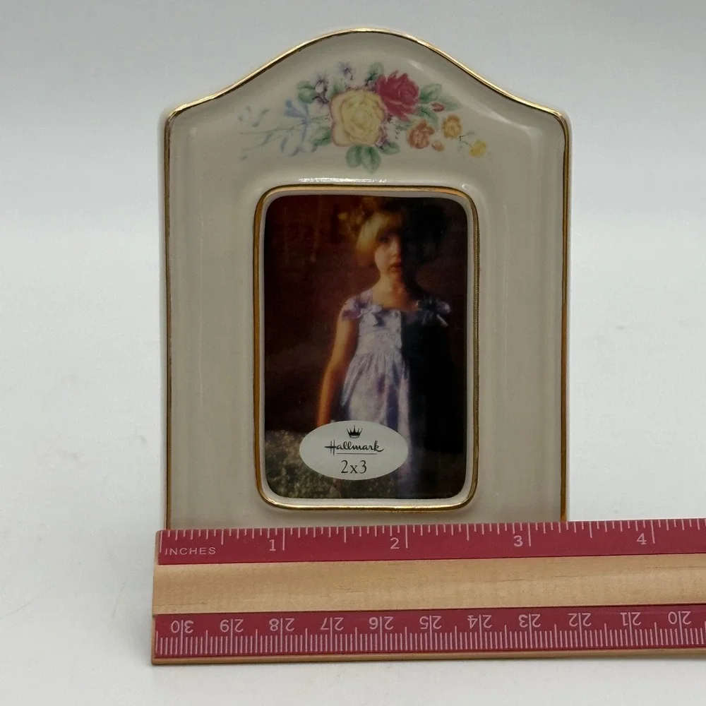 Hallmark Floral Ceramic Picture Frame Gold Trim 2x3 Tabletop Porcelain Cream
